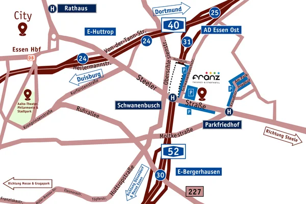 Stadtplan Umfeld Hotel Franz Essen mit Straßen, Parkmöglichkeiten und Sehenswürdigkeiten.