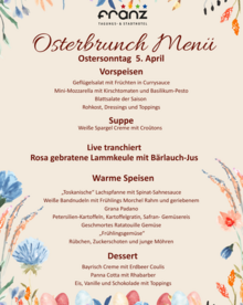 Übersicht über das Menü beim Osterbrunch mit Vorspeisen, Hauptgerichten und Dessert