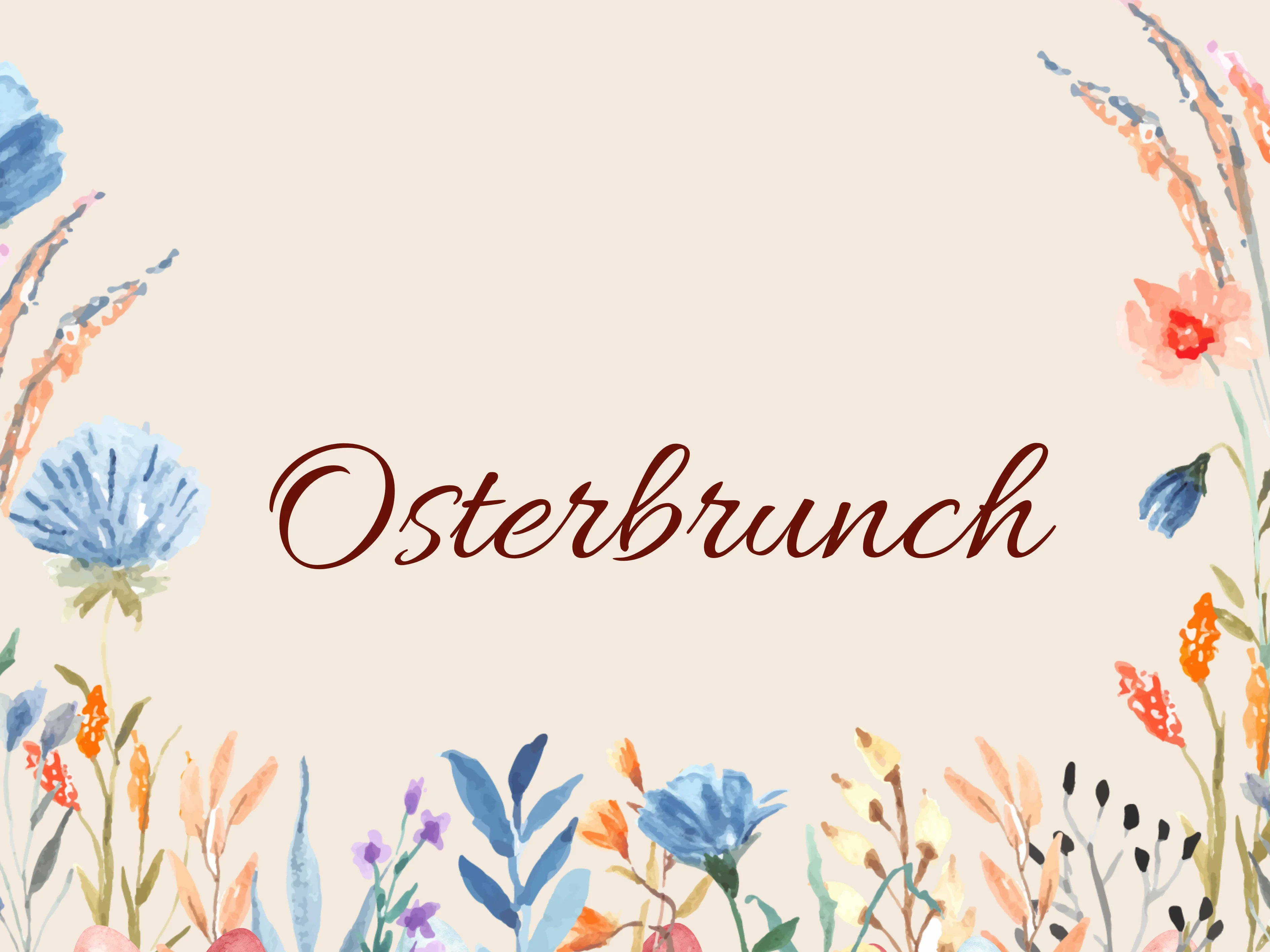 "Osterbrunch"-Text mit buntem Blumen- und Ei-Rahmen.
