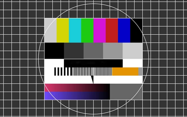 Retro-Testbild mit bunten Balken und Gittermuster.