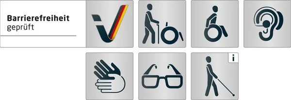 Icons für Barrierefreiheit: Rollstuhl, Gehhilfe, Hörgerät, Gebärdensprache, Brille, Blindenstock.