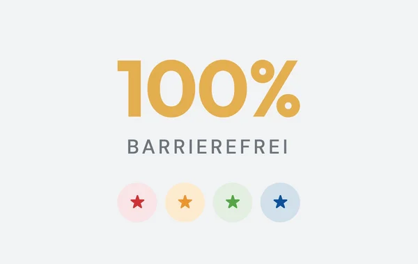 Text: "100% BARRIEREFREI" mit vier bunten Sternsymbolen darunter.