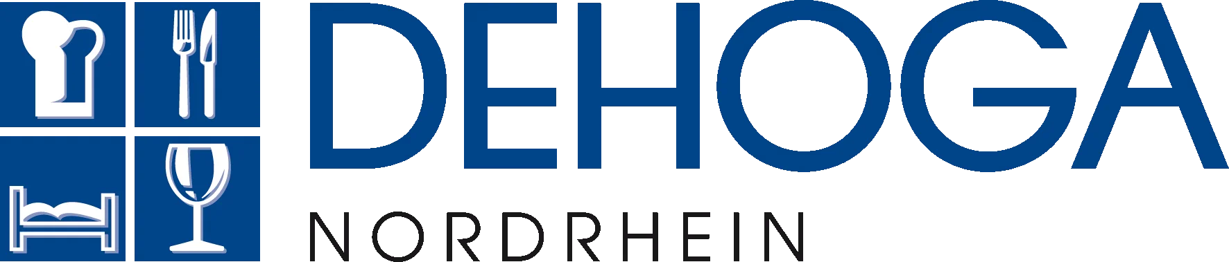 Logo der DEHOGA Nordrhein, blaue Symbole: Kochmütze, Besteck, Bett, Weinglas.